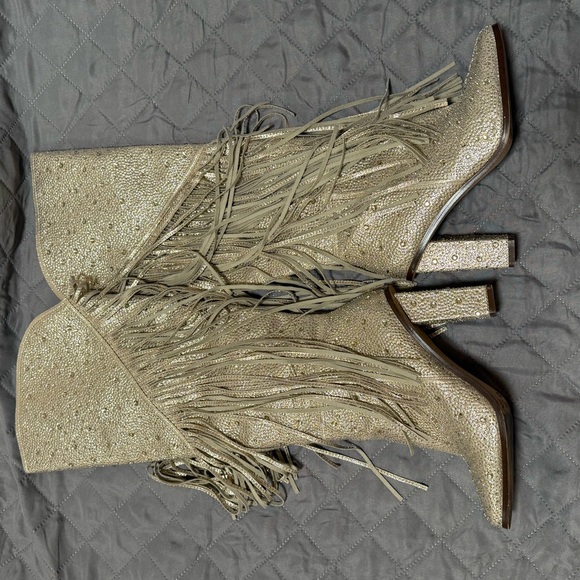 Jessica Simpson Asire2 Champagne Fringed Western Heeled Rhinestone Boots Size 7 - Picture 11 of 11